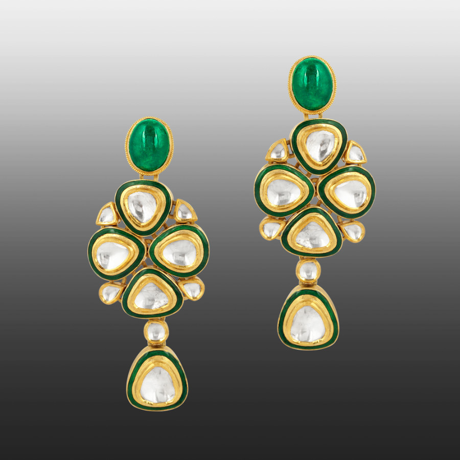 22K Yellow Gold Polki Diamond with Emerald Dangle Drop