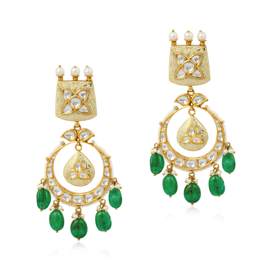 18K Yellow Gold Emerald and Diamond Polki Chandbali