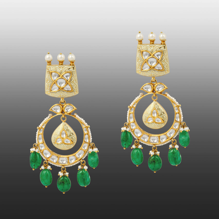 18K Yellow Gold Emerald and Diamond Polki Chandbali