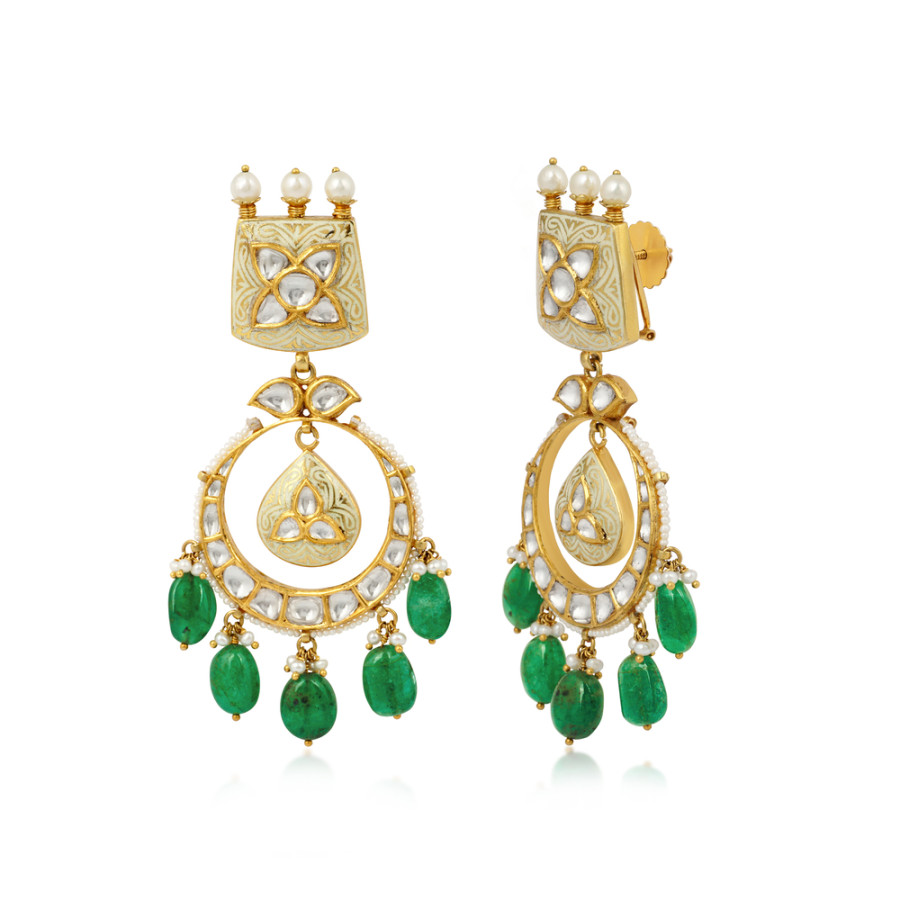 18K Yellow Gold Emerald and Diamond Polki Chandbali