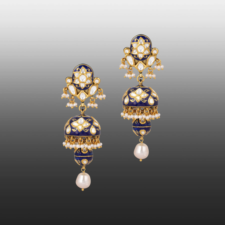 18K Yellow Gold Pearl and Diamond Polki Blue Enamel Jhumkas