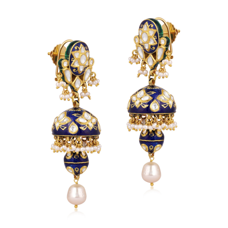 18K Yellow Gold Pearl and Diamond Polki Blue Enamel Jhumkas