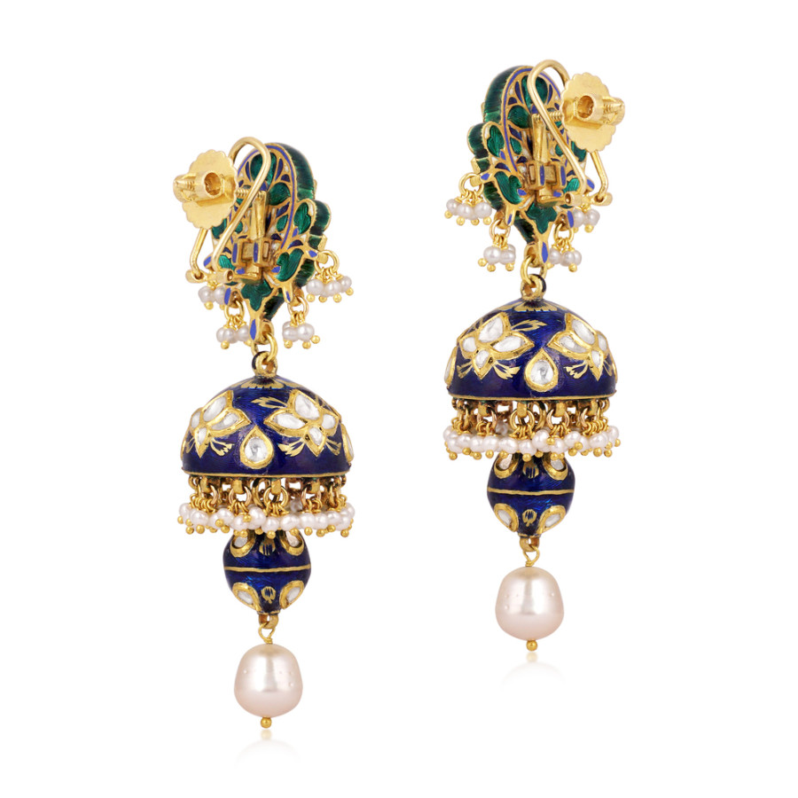 18K Yellow Gold Pearl and Diamond Polki Blue Enamel Jhumkas