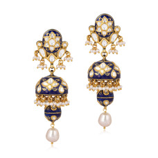 18K Yellow Gold Pearl and Diamond Polki Blue Enamel Jhumkas