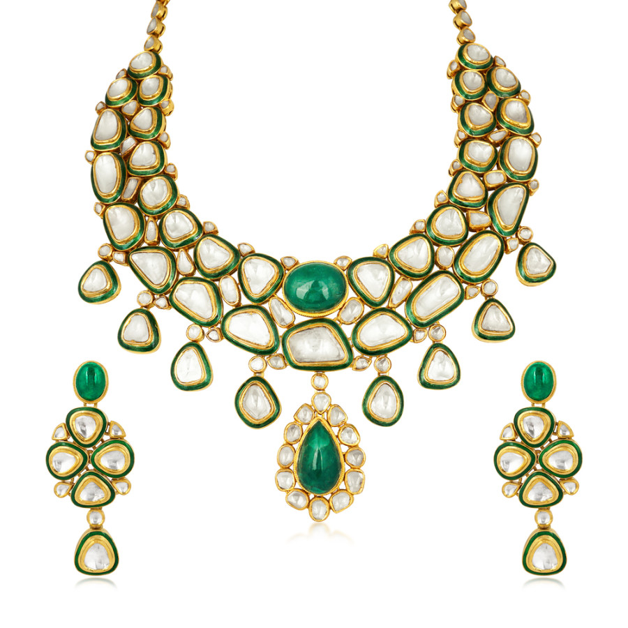 18K Gold Emerald and Polki Bridal Choker Jadau Necklace