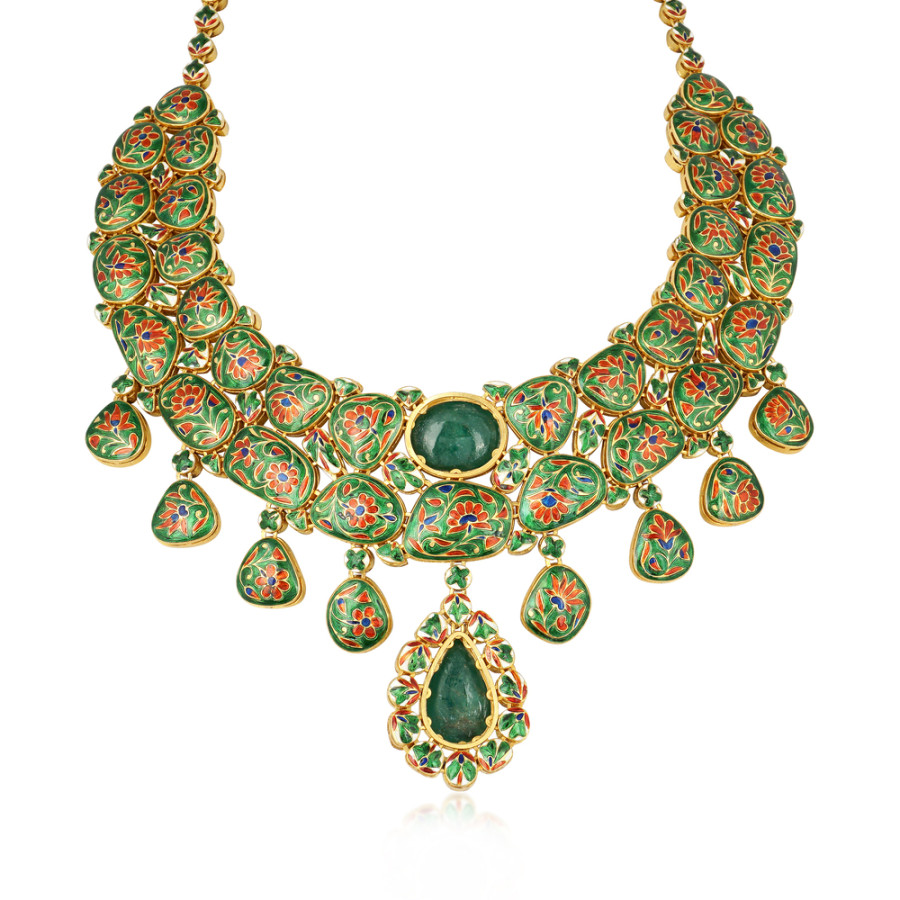 18K Gold Emerald and Polki Bridal Choker Jadau Necklace