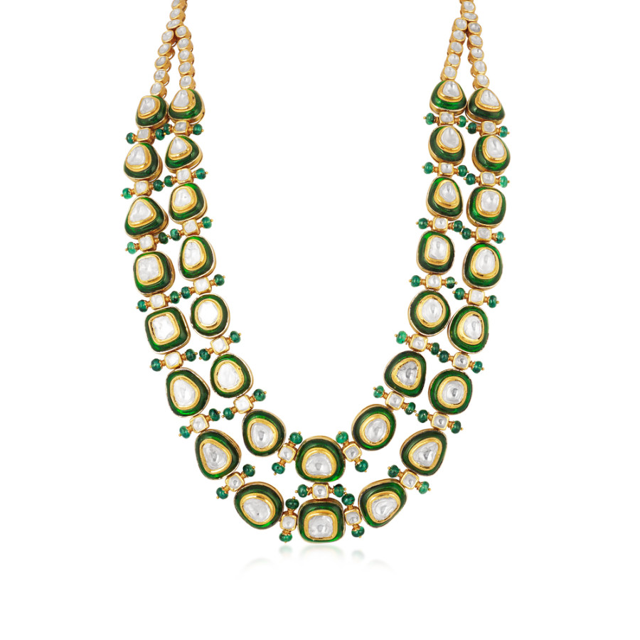 18K Yellow Gold Uncut Diamond with Emerald Accent Long Layered Necklace