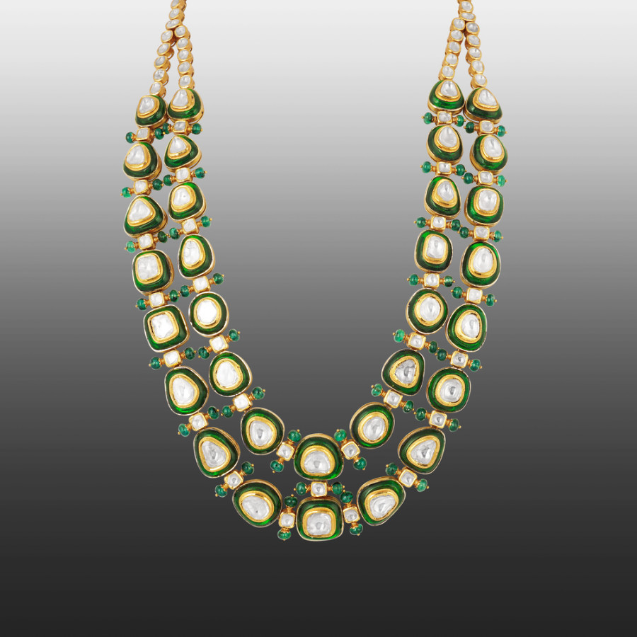 18K Yellow Gold Uncut Diamond with Emerald Accent Long Layered Necklace