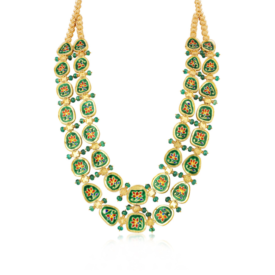 18K Yellow Gold Uncut Diamond with Emerald Accent Long Layered Necklace